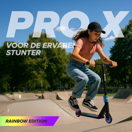 LifeGoods Stuntstep Pro X - T-Bar - HIC - Schritt für Kinder - Jungen/Mädchen - 110mm - 100KG - Regenbogen