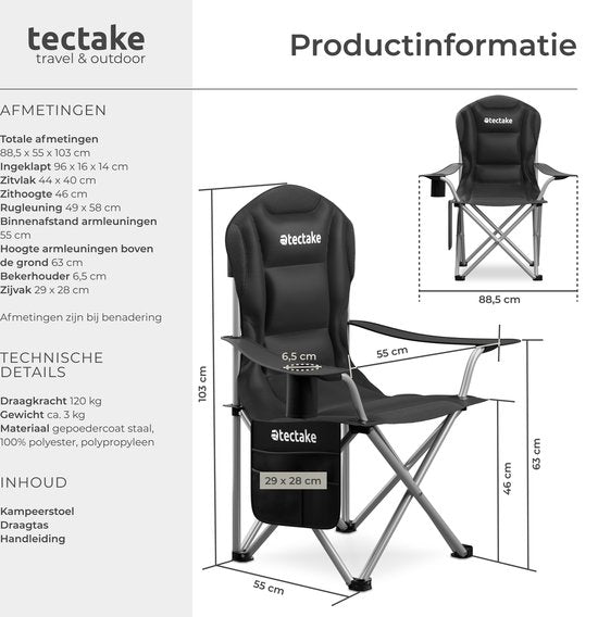 Tectake - gepolsterter Campingstuhl - Inklusive Becherhalter, Staufach und Tragetasche - Glamping-Stuhl - schwarz