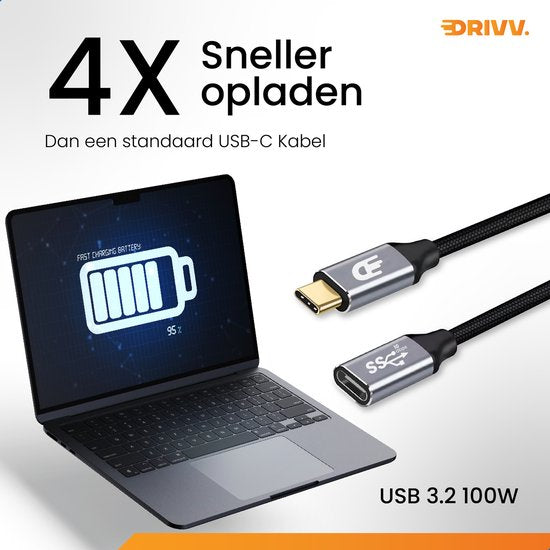 Drivv. USB-C-Verlängerungskabel 3.2 - Stecker auf Buchse - Schnellladung / Schnellladegerät - USB-C-Daten- und Ladekabel - 3 Meter - Geeignet für Samsung, iPhone 15 & mehr - Grau