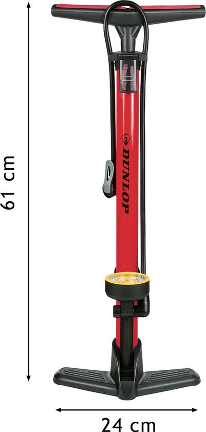 Dunlop Fahrradpumpe mit Manometer - Fahrradpumpe für Dunlop, Schrader und französische Ventile - Standpumpe inkl. Adapter für Wasserspielzeug und Bälle