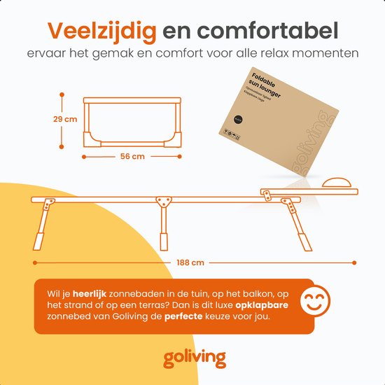 Goliving Liege - 5 Ständer - 188 x 56 x 29 cm - Faltbare Sonnenliege - Faltbare Strandliege - Gartenliege - Inklusive Kopfkissen - Verstellbare Rückenlehne - Schwarz