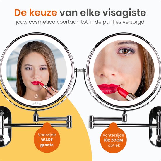 Goliving Make-up-Spiegel mit Beleuchtung - Ø25 cm - 10-fache Vergrößerung - Dimmbarer Make-up-Spiegel - Rasierspiegel - LED-Beleuchtung - USB-C aufladbar - Doppelseitig - 27 x 27 cm - Chrom