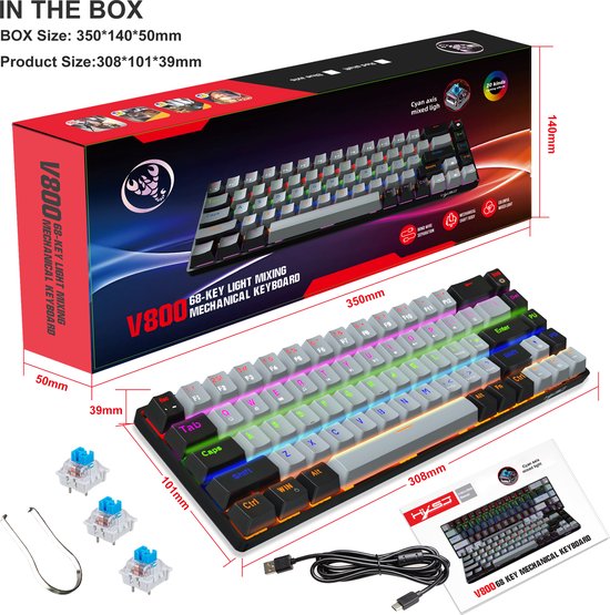 HXSJ V800 - Mechanische RGB-Gaming-Tastatur - QWERTY - 68 Tasten - TKL - Blauer Schalter - Schwarzgrau