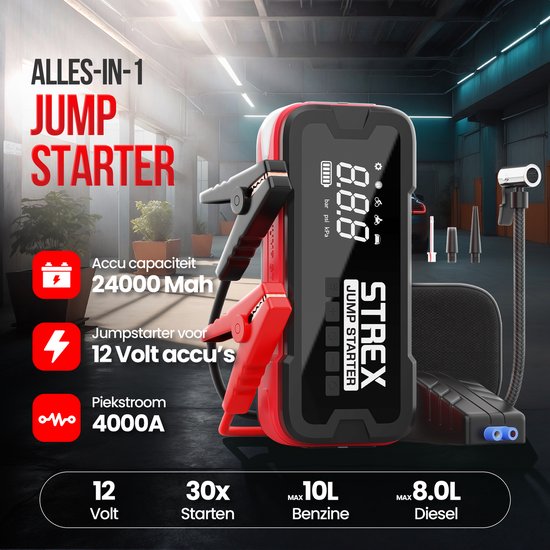 Strex - 12V Starthilfe mit Kompressor - 4000A - 24.000 mAh - 5-in-1 Funktion mit Led-Taschenlampe & SOS - Inklusive Hardcover-Tasche - Kunststoff - Schwarz & Rot