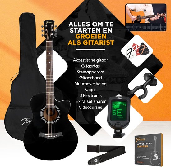 Finesse Akustikgitarre - mit Videokurs - 4/4 40" - Westerngitarre - Gitarre Kinder & Erwachsene - Schwarz