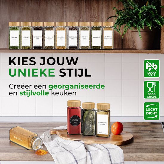Soothe 48 Glasgewürzdosen quadratisch mit Bambusdeckel - 2 Arten von Streudeckeln - Gewürzstreuer - Gewürzdosen - Komplettset inkl. Gewürzsticker, Kreidestift und Zubehör - 120ml