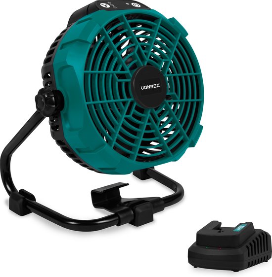VONROC Ventilator 20V - für kabellosen und kabelgebundenen Einsatz - Inkl. Netzadapter - Inkl. 20V - 2.0Ah Akku und Schnellladegerät