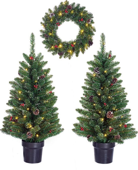 Black Box Trees Creston Set aus 2 Weihnachtsbäumen und 1 Kranz mit LED-Lichtern - Grün