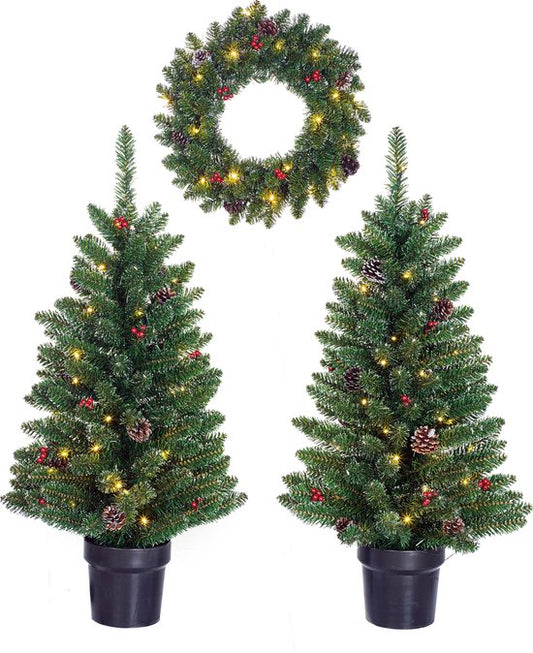 Black Box Trees Creston Set aus 2 Weihnachtsbäumen und 1 Kranz mit LED-Lichtern - Grün