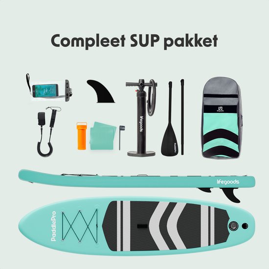 LifeGoods PaddlePro SUP Board - Aufblasbares Paddle Board - Komplettset - Max. 135KG - 320x81cm - Pastellgrün