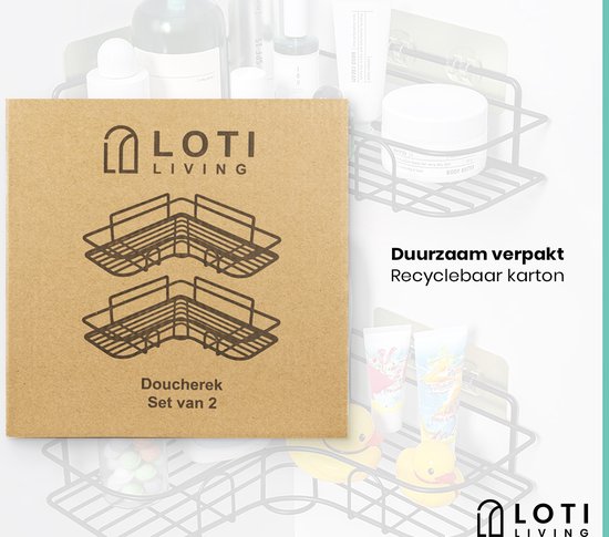 Loti Living Duschregal ohne Bohren - Eckform - 2 Stück - Duschregal zum Aufhängen - Duschregal ohne Bohren - Duschregale 2 Stück - Duschregal Schwarz - Duschregal an der Duschwand - Klebestreifen