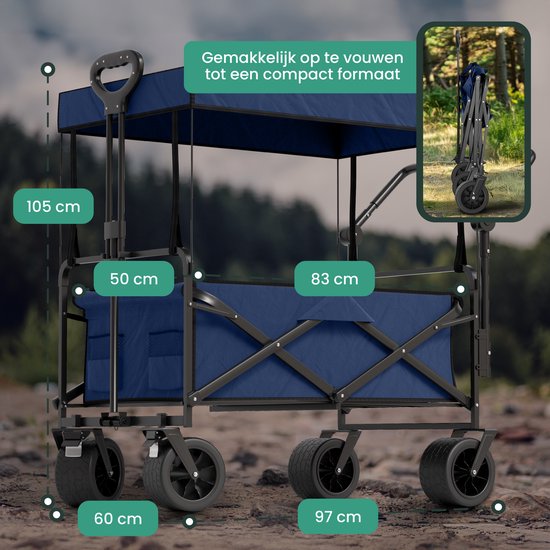 Avalo Bolderkar mit Dach XL faltbar - bis zu 110KG Tragfähigkeit - 120L - 97x60x105 CM - 360º Räder - Bolderwagen / Bolderwagen / Strandwagen / Trekkingwagen / faltbarer Bolderkar - Für Strand - Blau