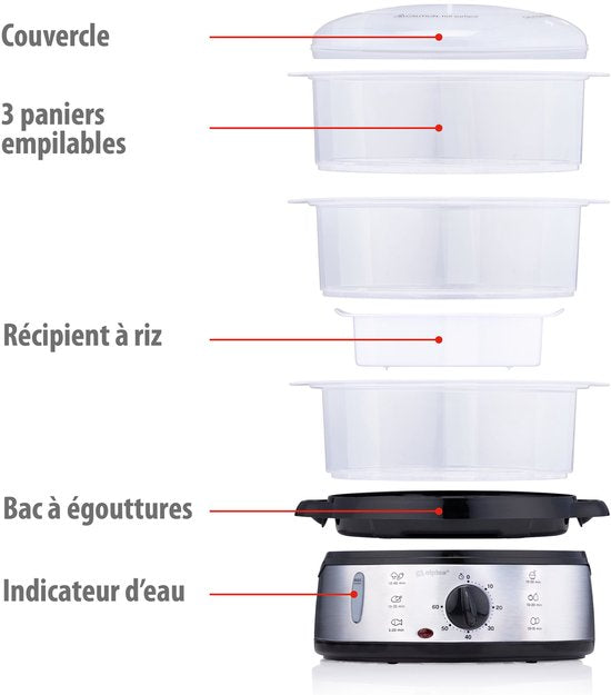 alpina Dampfgarer 9 l – Dampfgarer 800 W – Dampfgarer mit Timer und Warmhaltefunktion – 3-Etagen-Gemüsedampfgarer – Dampfgarer für Gemüse, Reis, Hähnchen, Obst, Fisch und Eier – Edelstahl