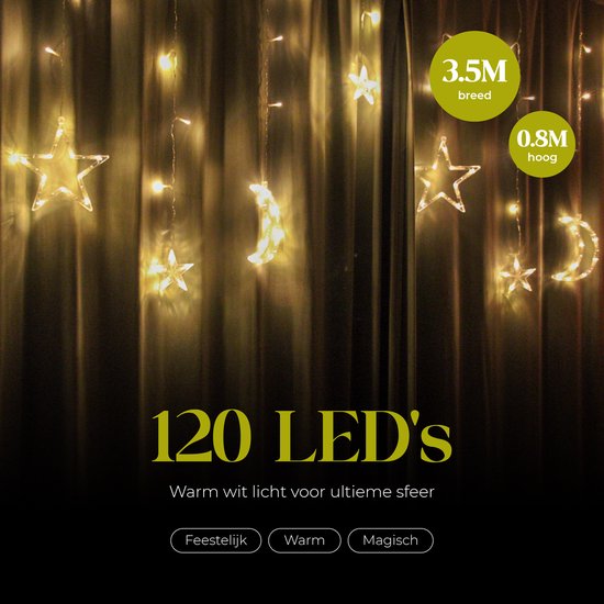 Giftmas Lichtervorhang - 120 LED Hängedekoration - Warmweiß - Monde und Sterne - Weihnachts- und Fensterdekoration - für drinnen und draußen - Weihnachtsdekorationen - 3.5M - Weihnachtsbeleuchtung