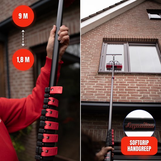 Aqualitá® Teleskopstiel Fensterreinigung 9M mit Gämse - Fensterwascher Teleskop - Solarpanelreiniger - Fensterwaschset Teleskopstiel mit Wasserdurchlass - Teleskopwaschbürste - Teleskopbürstenset mit Seifenspender für die Fensterreinigung