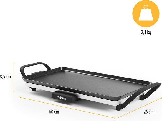Tristar Grillplatte BP-2667 - Tischgrill M: 46 x 26 cm - Für den Innen- und Außenbereich - BPA frei - Gourmet-Grillplatte für den Tisch - 4 bis 6 Personen - Mit einstellbarem Thermostat - Antihaftbeschichtung - Schwarz