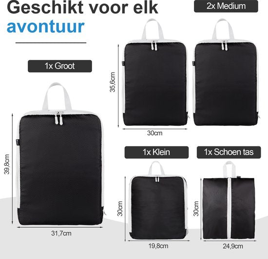 Compression Packing Cubes Set - 5 Stück - Compression Zip - Rucksack / Reisegepäck / Koffer Organizer - Schwarz - Saaf