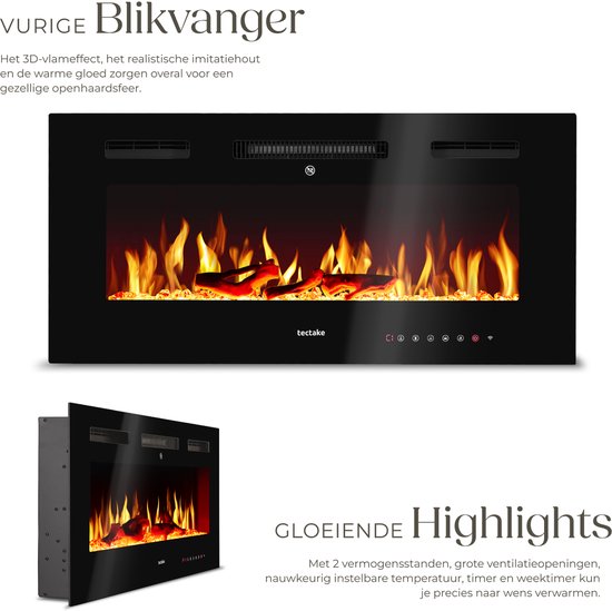 tectake® Wandkamin - Elektrokamin - Atmosphärischer Kamin - 91,5 x 12 x 43 cm - 900W & 1800W - Steuerung per Fernbedienung oder App - mit Thermostat - Ofen - mit Heizung - Kamine - Holz- und Glüheffekte - 3D-Flammen - Timer