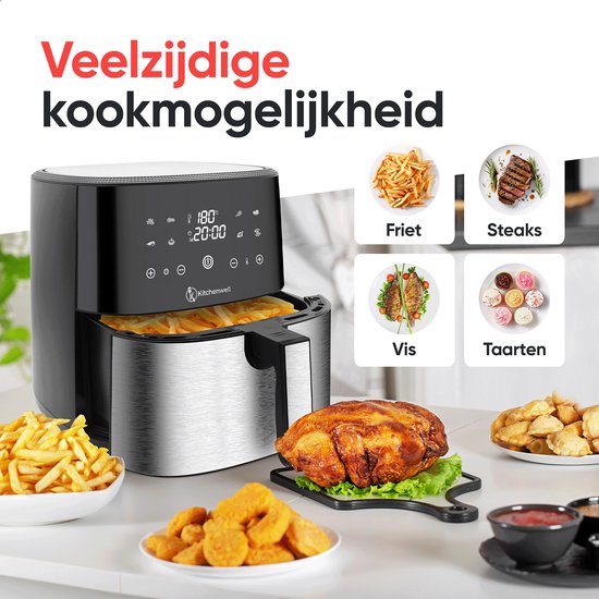 Kitchenwell AirFryer - Heißluftfritteuse - 8L Kapazität - 80-200℃ - Timer - 1800W - Schwarz