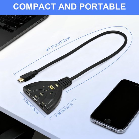HDMI-Splitter – HDMI-Switch – 4K Ultra HD – 3 Eingänge – 1 Ausgang – HDMI-Splitter – High-Speed-3-Port – Splitter mit 3-in-1-Ausgang – geeignet für Fernseher, PC, Roku, Fire TV Stick, Xbox, PS5, PS4, Blu-ray, Projektor, HD-Monitor