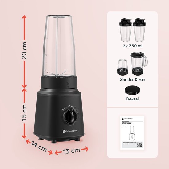 KitchenBrothers Blender - Komplettset - 2x 750ml Krug - Mahlwerk - Sieb - To-Go Becher - Schwarz
