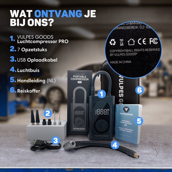 Vulpes Goods® Tech - Tragbare Kompressor-Reifenpumpe - 6400mAh - Elektrische Fahrradpumpe - Luftkompressor für Auto, Roller, Fahrrad, Ball und Luftbett - Inkl. 7 Aufsätze - Taschenlampe - Powerbank - Reiseetui - PRO