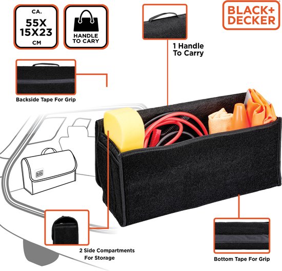 BLACK+DECKER Trunk Organiser - Kofferraumtasche - 55 x 15 x 23 CM - 1 großes Fach und 2 Einsätze - Einkaufen und Autozubehör - Mit Klettverschluss - Schwarz