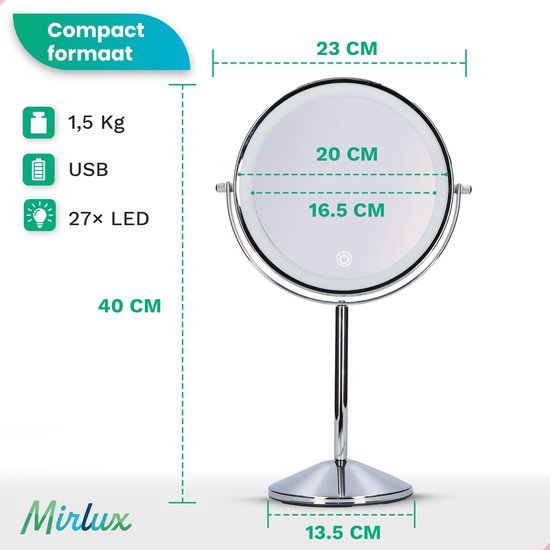 Mirlux Make Up Spiegel mit LED-Beleuchtung - 10x Vergrößerung - Rasierspiegel klein auf Fuß - 3 Lichtstufen - wiederaufladbar - Vergrößerungsspiegel Chrom