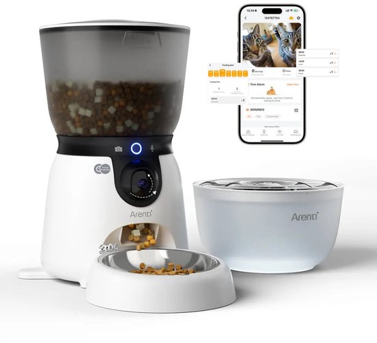 Arenti Petfeeder2 Automatischer Futterautomat 4 l mit beweglicher Kamera – 3-l-Trinkbrunnen – für Katzen und Hunde – intelligenter Futterautomat mit Kamera – 3 MP (2K) mit Nachtsicht – Zwei-Wege-Audio – Automatischer Futterspender mit App – Dualband-WLAN