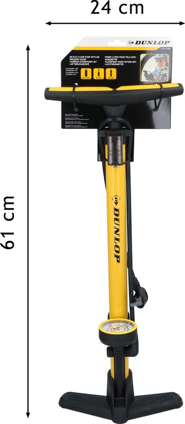 Dunlop Fahrradpumpe mit Manometer - Fahrradpumpe für Dunlop, Schrader und französische Ventile - Standpumpe inkl. Adapter für Wasserspielzeug und Bälle