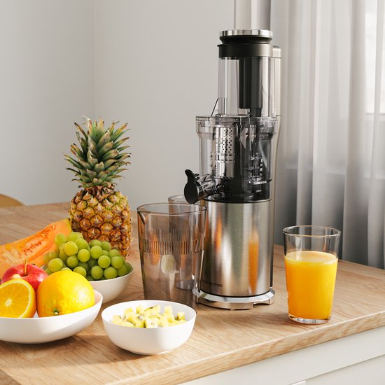 KitchenBrothers - Slowjuicer - Vertikal - Gemüse- und Obstpresse - 80 mm - 750 ml - Grau