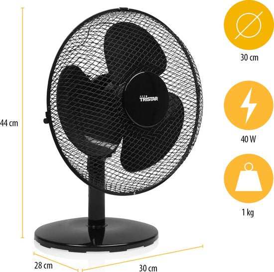 Tischventilator 30 cm - 3 Geschwindigkeiten - 85° Oszillation - Einstellbarer Luftstrom - Tristar VE-5725 - Schwarz