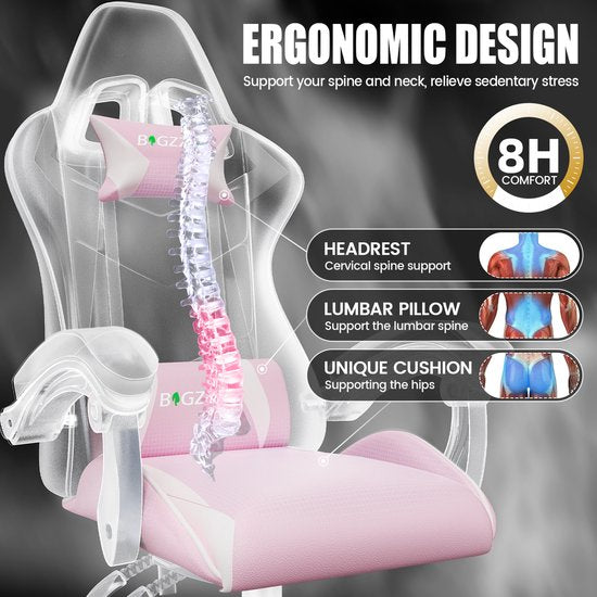 Bigzzia Gaming-Stuhl – Ergonomischer Bürostuhl aus PU-Leder – Höhenverstellbar – Mit Lendenkissen und Kopfstütze – Bequemer Gaming-Stuhl für Erwachsene – Für Mädchen und Jungen