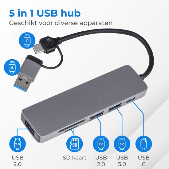 Nuvance - USB-C-Hub 3.0 - 5 Anschlüsse - USB-Splitter - USB-C-Dock - Micro SD-Kartenleser USB C - Grau