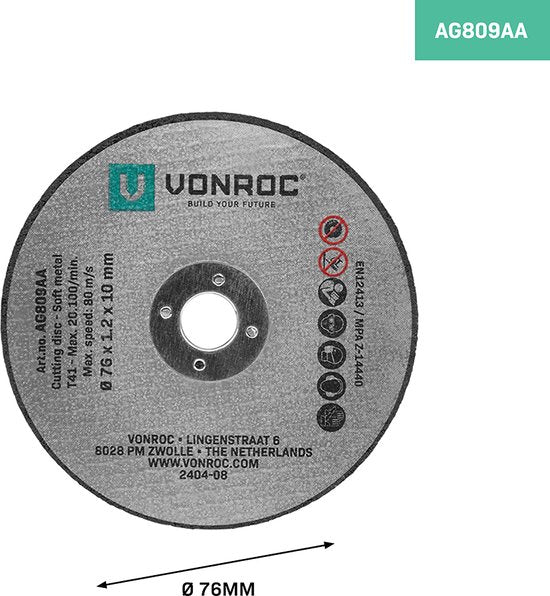 VONROC Trennscheiben-Satz - Ø 76 mm - 12 Stück - für VONROC AG507DC und universell kompatibel
