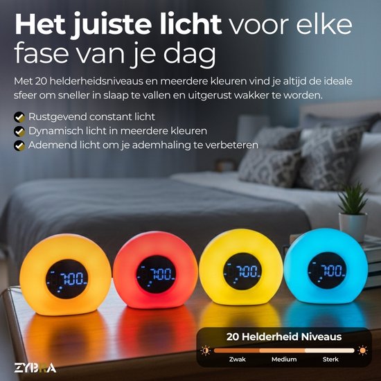 Zybra® Premium Wake Up Light - Digitaler Wecker - Lichtalarm - Nachtlicht - Wecker - 20 Helligkeitsstufen - 25 weiße Geräusche - Inkl. niederländischer Anleitung