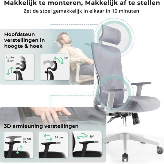 Backerz Ergonomischer Bürostuhl - Verstellbar - 3D Armlehnen - Kopfstütze - Weiß/Grau