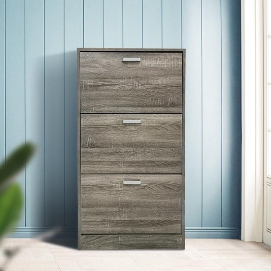 Schuhschrank - Schuhregal - 3 Fächer mit Klapptüren - grau-braun gefärbt