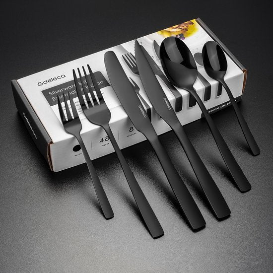 Deleca 8 Personen Besteck-Set Essential (48 Teile) - Löffel, Messer, Gabeln, Steakmesser & Kuchengabeln - Spülmaschinenfestes Besteck - Glänzend Schwarz / Edelstahl