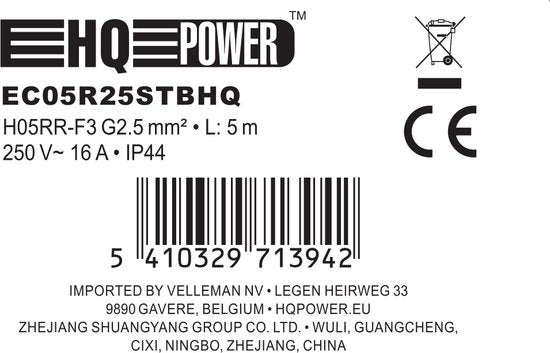 HQ-Power Verlängerungskabel, mit Schrumpfschlauch, H05RR-F 3G2,5, 5 m, 16 A/230 V, 3680 W, Typ E/F, IP44, Gummi, schwarz