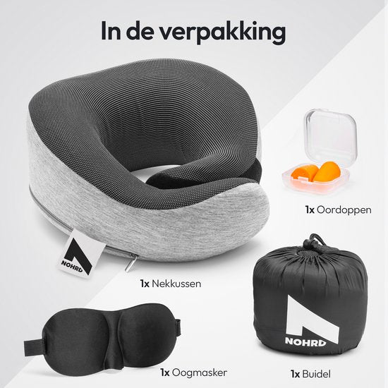 NOHRD Aircraft Neck Pillow - Reisekissen - Grau - Memory Foam - Inkl. Ohrstöpsel, Schlafmaske & Tragetasche - Memory Foam - Nackenstütze
