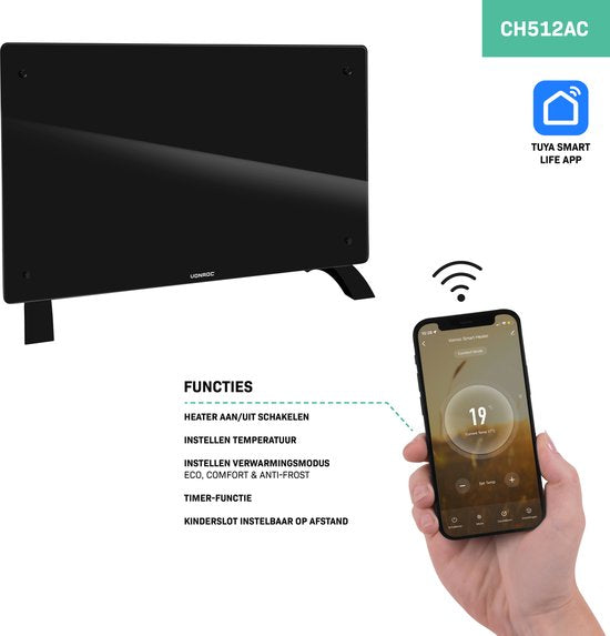 VONROC Elektrischer Heizkonvektor - 2000W - Mit Wifi Steuerung - Mit Led-Display und Timer - Für Räume bis zu 24 qm - Schwarzes Glas