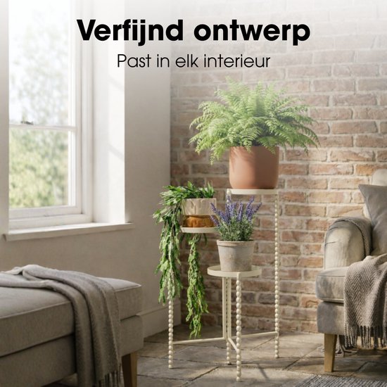 Mica Decorations Salvo Pflanzenregal – Pflanzenständer für Zimmerpflanzen – Pflanzentisch für den Innenbereich – Pflanzenuntersetzer mit drei Ablagen – 40 x 40 x 70 cm – Eisen – Offwhite