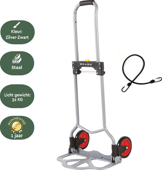 BRASQ Zusammenklappbarer Trolley inkl. Gepäcknadel - 60 KG Kapazität - Transportwagen - Plattformwagen - Stahlwagen