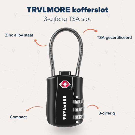 TRVLMORE Kofferschloss - TSA Reiseschloss - Schloss - Vorhängeschloss - 3-stellig - 2 Stück - Zahlenschloss - Schwarz