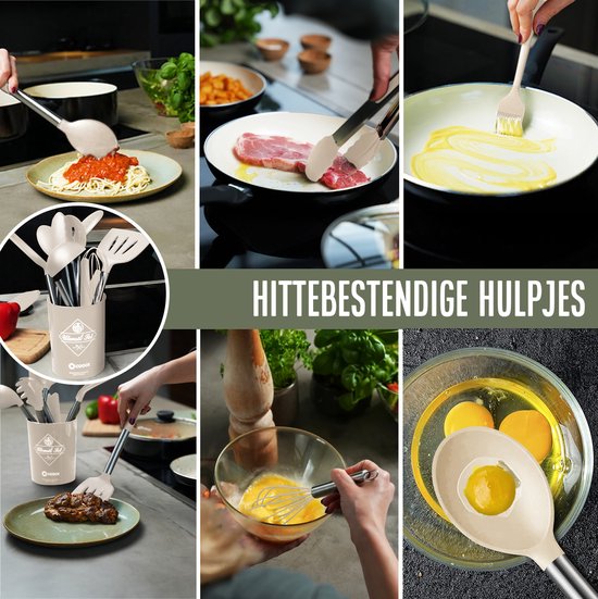 COOCK Silikon-Kochgeschirr-Set mit Halter XL - Kochgeschirr-Set 26-teilig - BPA-frei & plastikfrei - aufhängbar - inkl. Öffner - Beige