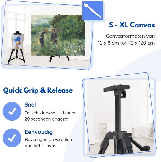 Hilvard - Staffelei für Erwachsene - Tisch Staffelei - Feld Staffelei - Verstellbar - Quick Grip & Release Bracket - Schwarz - Geeignet für Maltücher - Studio Staffelei - Inkl. Aufbewahrungstasche - 54 cm bis 156 cm