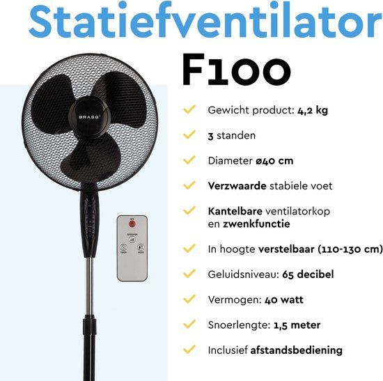 BRASQ Stativventilator - 40 cm - Schwarz - Mit Fernbedienung - Timer - Schlafmodus - Höhenverstellbar - Leiser Ventilator - 40 Watt