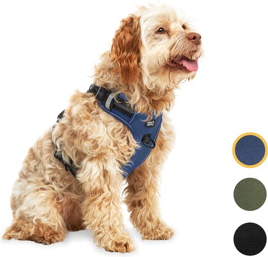 Jake und Jacky Hundegeschirr - Anti-Zieh-Geschirr - Hundegeschirr - Y-Geschirr Hund - Reflektierend - Blau - Größe M