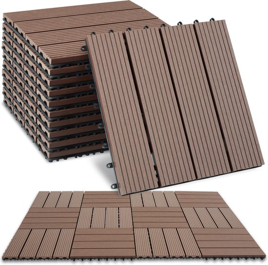 tectake - WPC Holzfliesen - Fliesen in Holzoptik - Witterungsbeständig - Bodenbelag für den Außenbereich - Bodenfliesen - Balkonboden - Terrassenfliesen mit Klicksystem - Drain - 11er Set - Braun